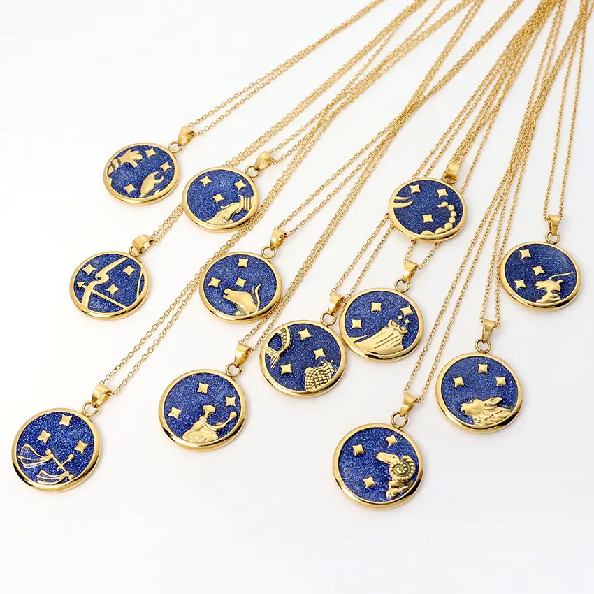 Gostar kalung liontin zodiak indah perhiasan wanita kalung zodiak hewan Enamel biru baja tahan karat berlapis emas 18K