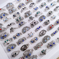 YL Bague de doigt style rétro européen-américain, en alliage argenté antique avec pierre naturelle, motif hibou et œil, bijou de main Hip-Hop, vente en gros