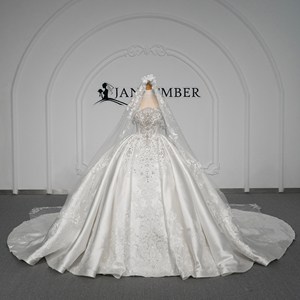 GT26081-PZ Ivory Long Sleeve Sweetheart Neckline Crystal Beaded Ball Gown Floor-Length Wedding <b>Dress</b> Satin <b>Silver</b> Modern - Product Image 1