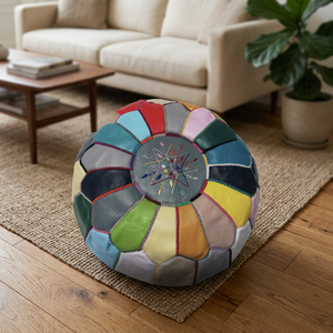 Housse de pouf en cuir véritable cousue à la main, ronde, style bohème, broderie géométrique, fermeture à cordon, personnalisable, décoration d'intérieur - Product Image 2