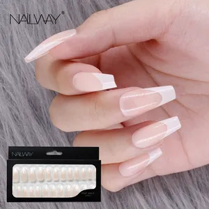 24pcs Women Lady Long Coffin Full Cover Press On Nails Natural Nude Fake Artificial Fingernails Manicure French Ballerina Nails