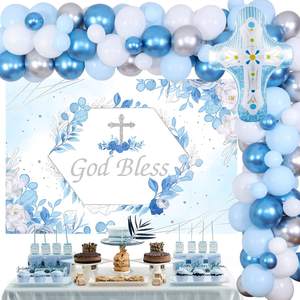Arco de Globos Personalizado para Fiesta de Bautizo con la Frase 'God Bless', Globos de Látex Azules y Plateados con Fondo 'God Bless' y Globo de Aluminio con Cruz - Product Image 4