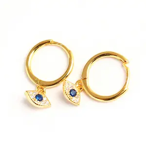 925 Sterling Silver 18K Gold Plated Crystal Eye Drop Earrings Blue Zircon Evil Eyes Clip on Hoop Earrings