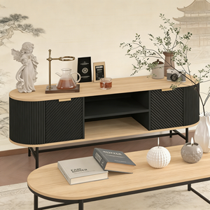 Mobile TV Ovale Moderno con Vani Portaoggetti, Consolle Multimediale con Ante a Doghe e Ripiani Aperti per Soggiorno - Product Image 1