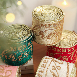 Rubans de Noël en velours de 6,3 cm, ruban de Noël en velours de luxe avec paillettes dorées, ruban Joyeux Noël pour l'arbre - Product Image 4