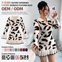 Robe Mini en Maille Imprimé Léopard pour Femme, Col Revers, Manches Longues, Coupe Ajustée, Ourlet Volanté, Personnalisable OEM ODM, Vente en Gros Usine