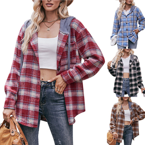 Großhandel Mode Flanell Plaid Mantel Kapuze <span class=keywords><strong>Casual</strong></span> Bluse für Frauen Herbst und Winter Bluse Femme - Product Image 1