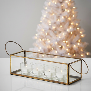 Wholesale Glass <b>Tea</b> <b>Light</b> <b>Holder</b> Rectangle With Metal Brass Frame And Handles For Home Decoration - Product Image 1