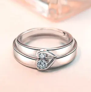 Coração design de dedo casal anel, casal, joias, noivado ou anéis de prata esterlina, rodio banhado, ajuste, clássico