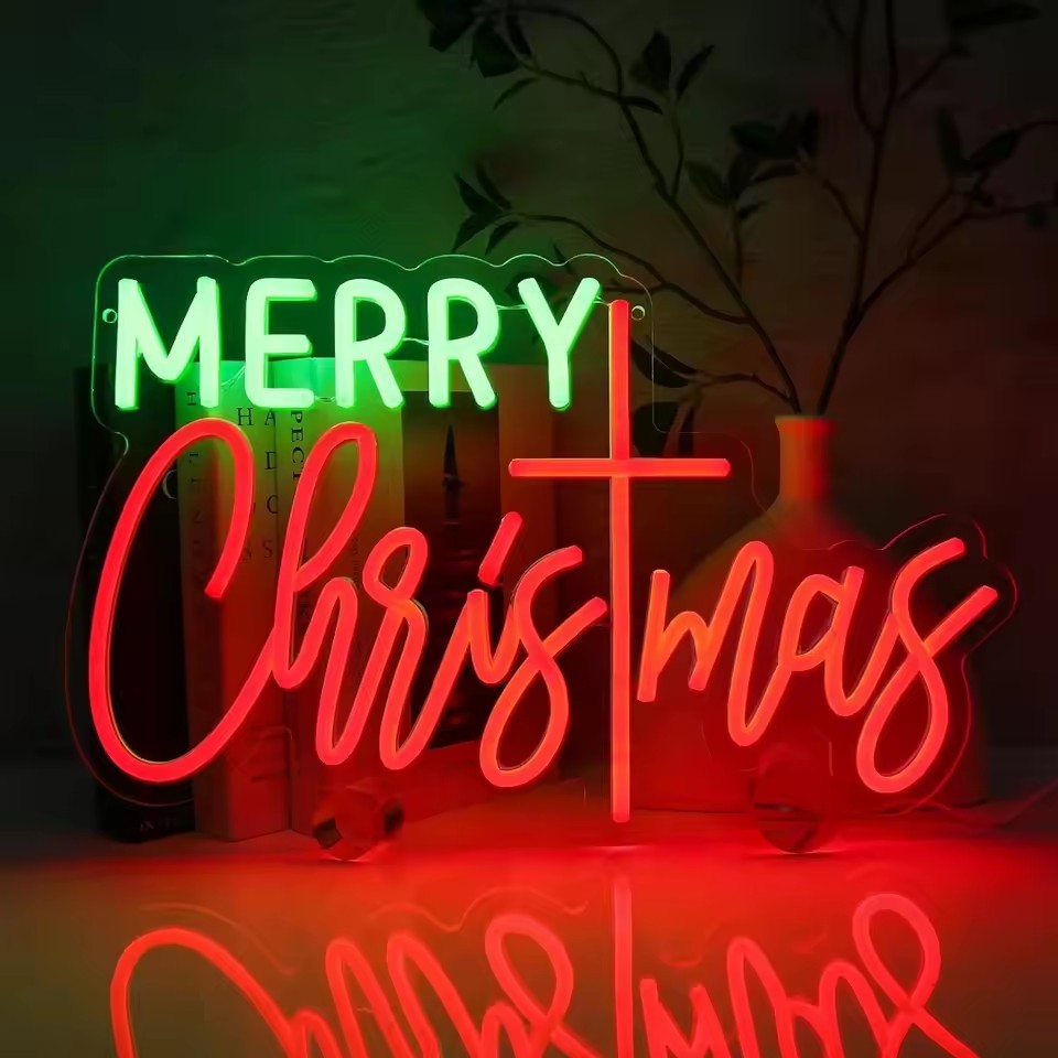 Targa Al Neon Merry Christmas 40x21 Cm – LED Dimmerabile, Alimentazione USB, In Acrilico, Per Decorazione Natalizia