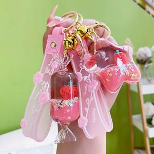 3D Acrylic Kawaii Cute Keyring Key Chain Ring Creative Filed Liquid Oil Quicksand Bottle Cute Strawberry <b>Floating</b> Keychain - Product Image 2