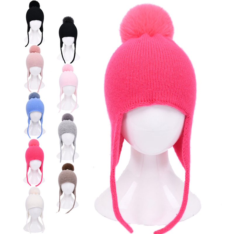 Детская зимняя кашемировая вязаная шапка с помпоном из искусственного меха оптом вязаная детская вязаная шапка для девочек с помпонами
