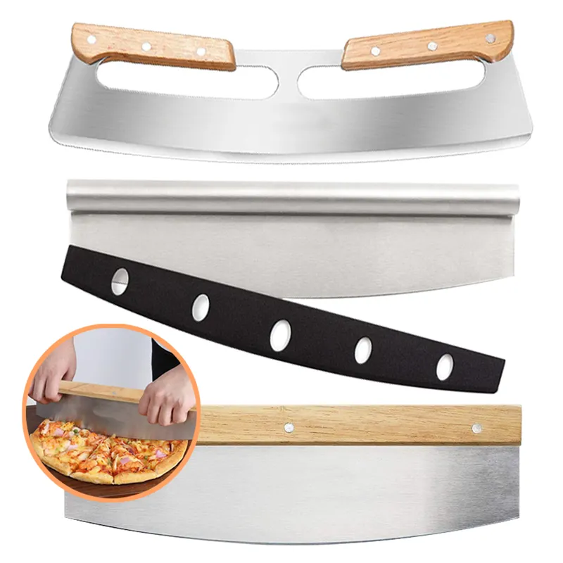 Chuyên nghiệp Lò nướng bánh Pizza phụ kiện bánh Pizza Cutter Rocker lưỡi thép không gỉ dao với tay cầm bằng gỗ