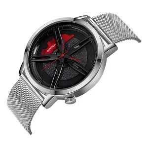 手腕男士手表金属黑色不锈钢网带旋转3D汽车豪华手表男车轮手表