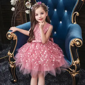 Summer Girls Embroidery Ball Gowns Fancy Flower Kids Birthday Party Princess Dresses Wholesale