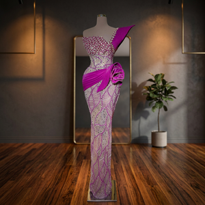 Robe de soirée maxi vintage en satin écologique, élégante et haut de gamme, à manches courtes, silhouette droite, avec dentelle et cristaux, pour occasions formelles - Product Image 2
