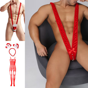 Men's Christmas <b>Red</b> Bodysuit Low-Rise Spandex Nylon With <b>Bow</b> Decoration Sexy Underwear - Product Image 1