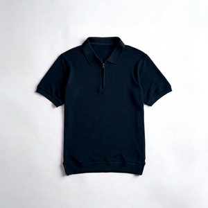 เสื้อเชิ้ตผู้ชายสีกรมท่า แขนสั้น คอปกปิเก้ ผ้าถักทอ ซิปหน้า สไตล์ลำลอง ธุรกิจ หรือชุดยูนิฟอร์ม - Product Image 1