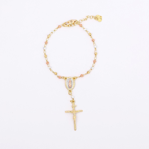 FN7017 Rosario de Oro Laminado Tricolor con Cuentas y Dijes de la Virgen María y Cruz, Collar de Oro de 14k, Joyería Católica al Por Mayor de China - Product Image 4
