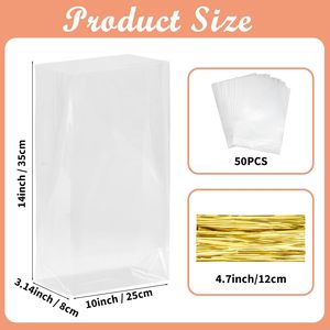 50-Pack 10x14 <b>Clear</b> Cellophane Gift <b>Bags</b> With Gold Twist Ties For Party And Anniversary Packaging - Product Image 2