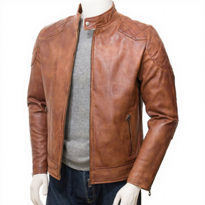Chaqueta de cuero para hombre estilo Cafe Racer color canela, con hombros acolchados, para motociclista, de piel de cordero auténtica. - Product Image 1