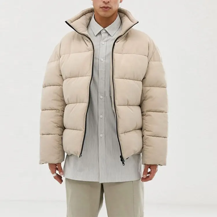 Latest style cheap price custom plain beige long sleeve men casual zipper puffer jacket for winter