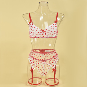 New Trend Women's Sexy Underwear 3D Plush Heart Pattern <b>Perspective</b> Mesh Temptation Bow Sexy Underwear 4-piece Set - Product Image 5