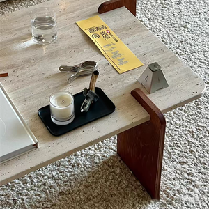 リビングルーム家具 ミニマリスト ユニークなトラバーチントップ 大理石コーヒーテーブル・ティーテーブル デザイン トラバーチンエンド 大理石テーブル - Product Image 4