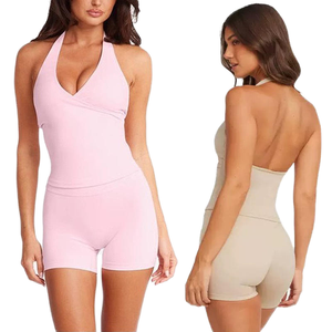 Conjunto de 2 Piezas para Ballet, Pilates y Yoga, Top con Cuello en V y Pantalones Cortos de Cintura Alta, Elásticos y de Lujo - Product Image 1