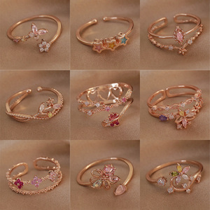 Anelli di zircone in <span class=keywords><strong>oro</strong></span> rosa <span class=keywords><strong>argento</strong></span> con fiore in <span class=keywords><strong>rame</strong></span> a forma di cuore con fiocco a farfalla in cristallo delicato da donna con anello aperto di fidanzamento - Product Image 3