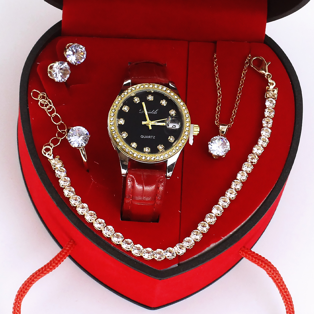 Orologio con cinturino rosso e quadrante nero + gioielli
