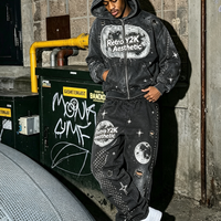 Ensemble sweat à capuche et jogging pour homme, personnalisé, délavé à l'acide, effet vieilli, avec strass et broderie vintage, style streetwear