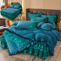 Ensemble de literie complet avec couette, draps et jupe de lit, en dentelle et velours brodé, pour la maison