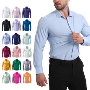 Camisa de Manga Larga para Hombre, Color Sólido, Elástica, Resistente a las Arrugas, Sin Plancha, Tallas Grandes XS S M L XL XXL XXXL, Corte Juvenil - Product Image 1