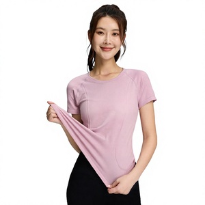 Camiseta de Punto para Mujer, Color Rosa, Manga Corta, Cuello Redondo, Corte Ajustado, Secado Rápido, Color Sólido, Ropa Casual de Primavera/Verano - Product Image 1