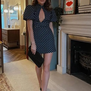 Vestido Mini <span class=keywords><strong>de</strong></span> Mujer con Estampado <span class=keywords><strong>de</strong></span> Puntos, Manga Abullonada, Cuello con Abertura, Cintura Alta, Ajuste Delgado, Línea A, Casual, para Fiesta <span class=keywords><strong>de</strong></span> Verano, Venta al por Mayor Personalizada - Product Image 4