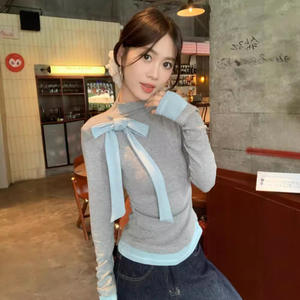 Camiseta de manga larga para mujer, estilo color block, con lazo, ajuste ceñido, gris, de punto suave, capa base elegante, efecto dos piezas corto - Product Image 2