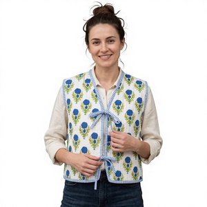 Women's Handmade Pure Cotton <b>Quilted</b> Vest Reversible Floral Block Print Sleeveless <b>Jacket</b> Tie Front Waistcoat Lightweight <b>jacket</b> - Product Image 2