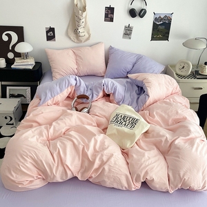 Parure de lit 3/4 pièces en coton lavé style américain, couleur unie, douce, couleur bonbon, housse de couette, drap plat, taie d'oreiller, pour la maison et l'hôtel - Product Image 5