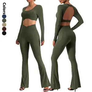 Women Long Sleeve Autumn Winter Yoga Sets Sports Bra Flared Wide Leg Pants Leggings 2 Piece Yoga Set Workout Fitness Gym Wear S