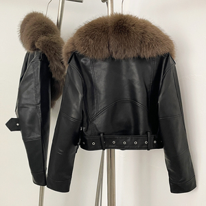 OFTBUY Giacca Ecologica a Maniche Lunghe Autunnale in Ecopelle, Abbigliamento Corto Femminile Primaverile, Nuova Giacca in PU con <span class=keywords><strong>Pelliccia</strong></span> Artificiale e <span class=keywords><strong>Tasche</strong></span> - Product Image 4