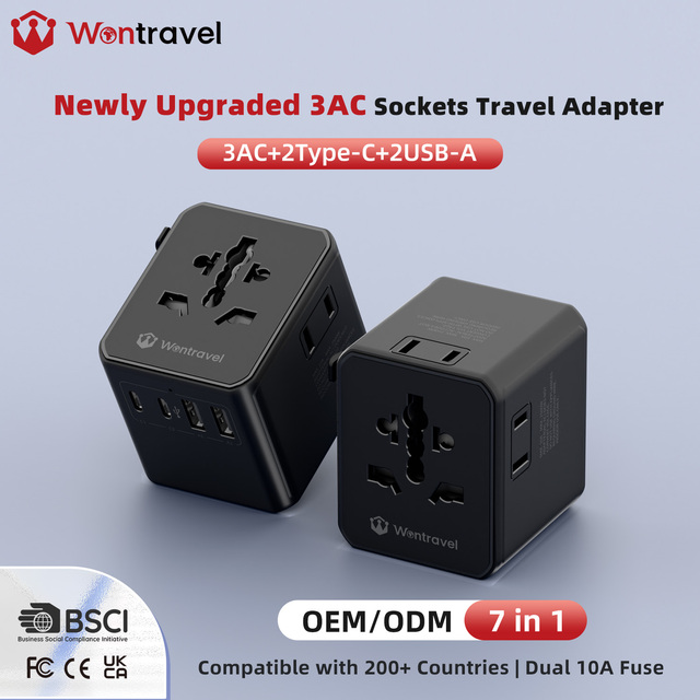 Wontravel 17W Dual USB International 3AC Sockets Travel Adapter All in One Worldwide Charger with Gan Material for Laptop Camera