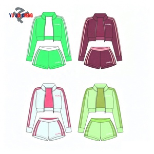 Completo sportivo primaverile da <span class=keywords><strong>donna</strong></span> di alta qualità con strisce laterali, set due pezzi personalizzato con <span class=keywords><strong>felpa</strong></span> con zip e colletto alto e pantaloncini - Product Image 3