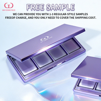 Palette de maquillage vide rechargeable à 4 compartiments carrés pour fards à paupières et blush, avec miroir, en ABS PS PET violet brillant, personnalisable avec logo, emballage OEM