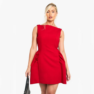 Femmes élégant été Mini robe cou une épaule conception flatteur martelé <span class=keywords><strong>sans</strong></span> manches plissé côté détail modeste solide - Product Image 1