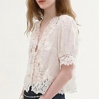 Chemisier T-shirt Femme Personnalisé en Gros, Couleur Unie, Boutonné, en Dentelle, Manches Courtes