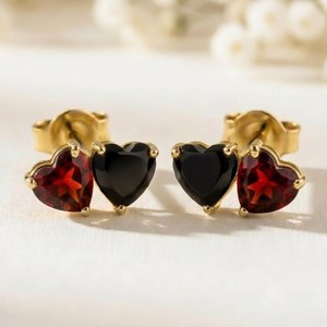 Natural Garnet And Black Obsidian Heart Shape <b>Stud</b> <b>Earrings</b> Minimalist Dainty Gemstone Jewelry In 925 Sterling <b>Silver</b> 18K Gold - Product Image 2