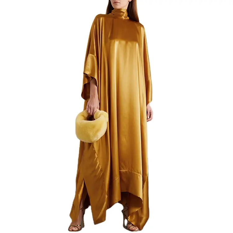 New Arrival One Size Fits XS To Medium Women Kimono Loose Sleeve Ties High Neck Patch Work Draped Satin Kaftan Dresses