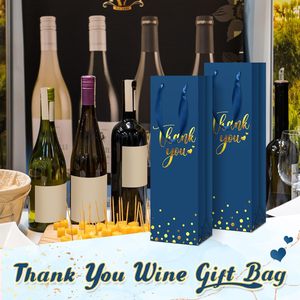 Borsa Regalo Blu per Bottiglia di Vino con Manico, Sacchetto di Carta per Liquori, Borsa Kraft con Stampa in Lamina d'Oro per Whisky, Ideale per Matrimoni - Product Image 6