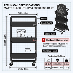 Mobile 3-Tier Metal Rolling Coffee Cart with Silent Wheels Heavy Duty Kitchen Utility <strong>Trolley</strong> for Office Home Cafe Small Spaces - Product Image 3